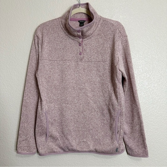 Eddie Bauer Women's Pink Heathered Fleece Snap Front Pullover Sweater, Sz Large - Picture 1 of 13